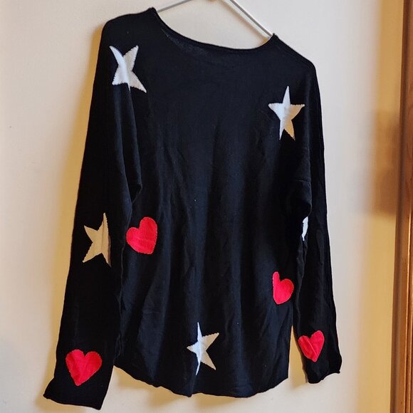 brit.ny Black Stars Hearts Scoop Neck Sweater Size Large - Picture 12 of 14